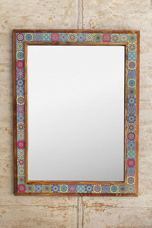 Oscar Stone Decor Ahşap Çerçeveli Mozaik Taş (Mermer) Ayna 73X93 Cm Mandala Banyo Salon Aynası Ayn7090-093