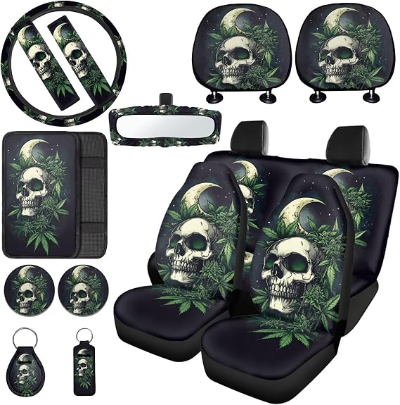 Skull Moon Printed Car Seat Covers Full Set for Men Car Front & Rear Seat Cover Non Slip Steering Wheel Cover Armrest Pads Seat Belt Cover Coaster, Car Accessories Set, Green and Black