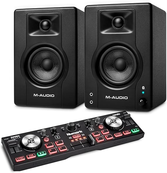 Numark DJ2GO2 Touch DJ Controller and M-AUDIO BX4 Pair Bluetooth Studio Monitors for Studio Recording, Music Production, Podcasting, Streaming
