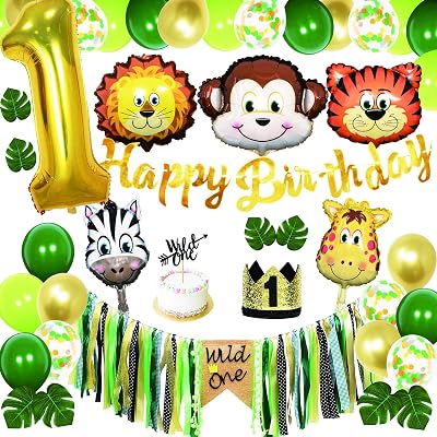 Safari Baby 1st Birthday Decorations Kit, Wild One Birthday Decorations, Jungle Theme Party Supplies, First Birthday Decor for Boys or Girls, Gold Happy Birthday Banner, Glitter Baby Crown42Pcs