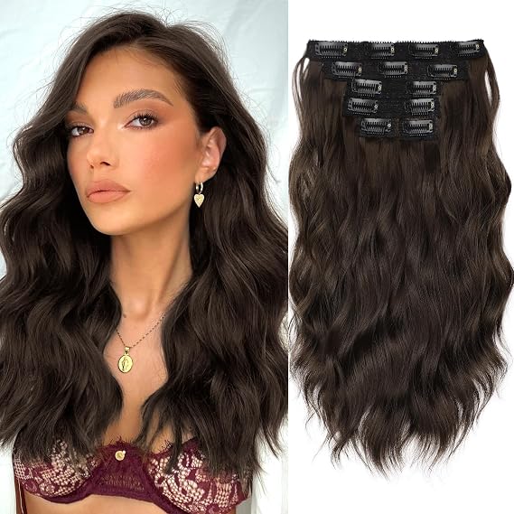 Kookastyle Clip in Hair Extensions 6PCS Short Synthetic Hair Extensions Soft Wavy Curly Hairpieces for Women 14Inch(Chestnut Brown)