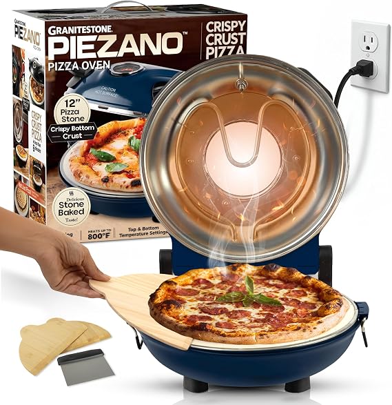 PIEZANO Crispy Crust Pizza Oven by Granitestone Electric Pizza Oven Indoor Portable, 12 Inch Indoor Pizza Ovens Countertop, Pizza Maker Heats up to 800 F for Stone Baked Pizza at Home - Navy