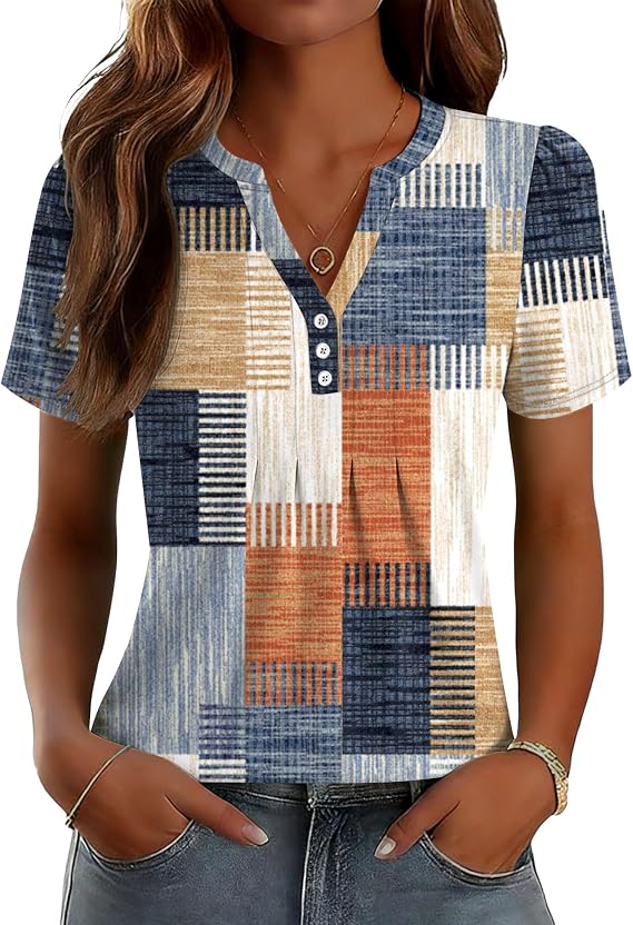 LOMON Womens Tops Dressy Casual V Neck Short Sleeve Shirts Summer Pleated Blouses Button Down Tunic Loose Fit