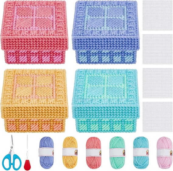 FREEBLOSS 4 Set Plastic Canvas Box Kit Plastic Canvas Kit for Beginners Mesh Canvas Sheets and 6 Colors Yarn for Embroidery Crafting, Knitting Projects