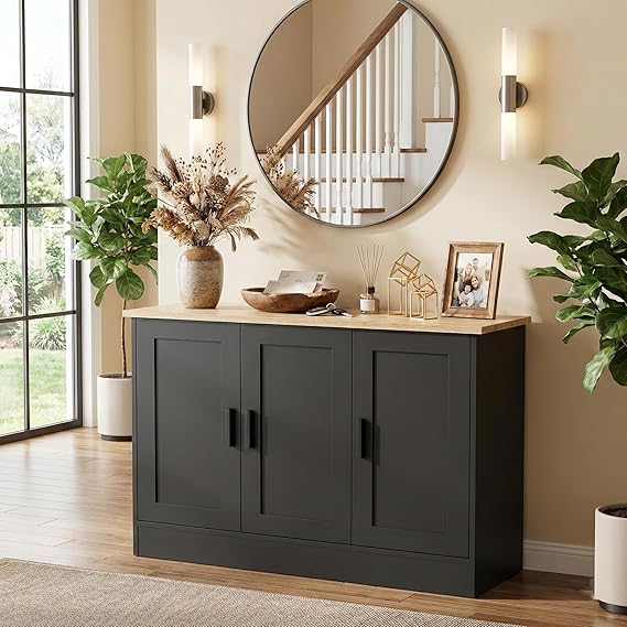 Anystyle 43" Black Buffet Cabinet with Black Handles, Small Kitchen Sideboard with 3 Doors & Adjustable Shelves, Modern Entryway Credenza & TV Console Table for Living Room, Dining Room