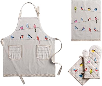 Maison d Hermine Birdies on Wire Bundle Set 100% Cotton Apron 27.50 Inch by 31.50 Inch Set of 2 Kitchen Towels20 Inch by 27.5 Inch and Oven Mitt7.5 Inch by 13 InchPot Holder 8 Inch by 8 Inch