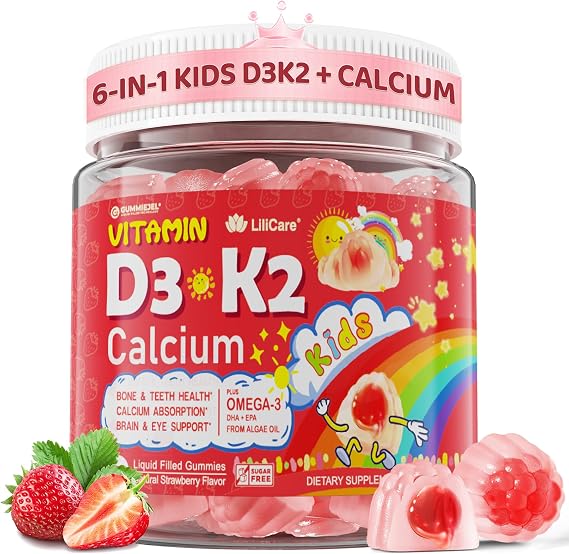 Vitamin D3 K2 + Calcium Liquid-filled Gummies for Kids & Teens, 1000IU / 2000IU D3 with Magnesium, Algal Omega 3, Kids Vitamins for Bones & Teeth, Calcium Absorption, Brain, Immune, Sugar-Free, 60Cts