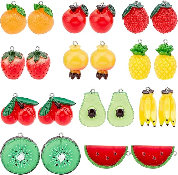 SUNNYCLUE 1 Box 22Pcs 11 Styles Thanksgiving Resin Fruit Charms Watermelon Strawberry Banana Imitation Food Pendants Dangles Accessories for DIY Jewelry Making Keychain Decor Supplies