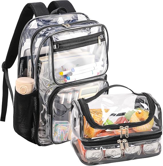 BORMELUN Organized with Our Clear Backpack and Lunch Bag Sets for Kids(clear backpack and double lunch bag set,black)