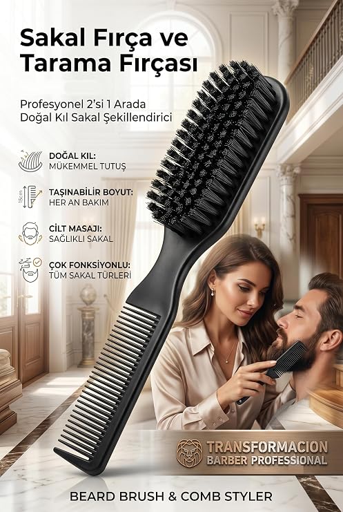 Transformacion Profesyonel Sakal Fırçası ve Tarağı, 2'si 1 Arada Fade Ense Fırçası, Doğal Kıl Sakal Şekillendirici Bakım Seti 719584