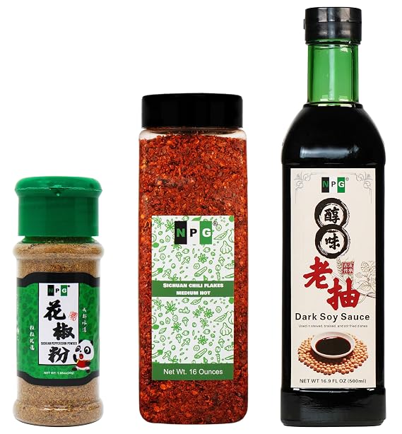 NPG Premium Szechuan Red Peppercorns Powder 1.08 Oz (30g), Sichuan Chili Flakes 1LB 16 Ounces, and Dark Soy Sauce 16.9 Fl Oz