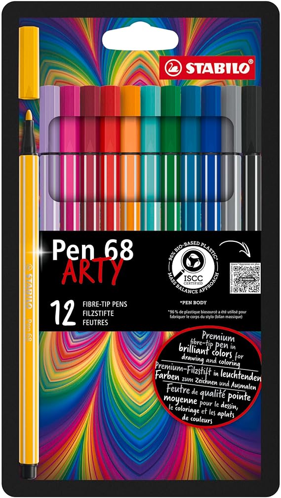 STABILO Premium Fiber-Tip Pen Pen 68 - ARTY - Pack of 12 - Assorted Colors