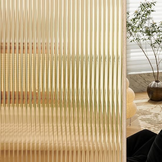 Coavas Reeded Glass Window Privacy Film: 3D Decorative Frosted Window Clings for Bathroom & Home, Day and Night Privacy, Peel & Stick Adhesive Film, Brown, (17.0x78.7 Inch)