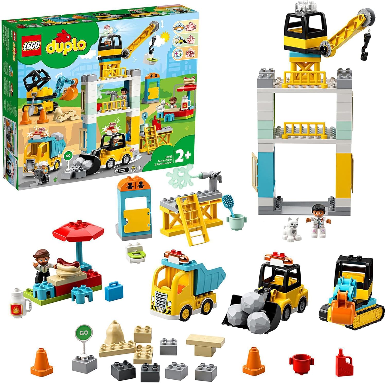 LEGO 10933 DUPLO Town Tower Crane & Construction Vehicle Toys with Digger, Truck, Light & Sound and Push & Go Motor for 2-5 Years Old