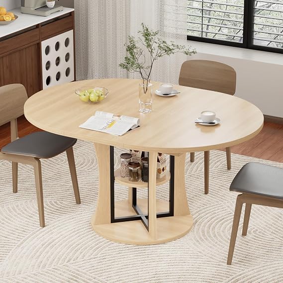 43.3''-59'' Extendable Round Dining Table for 4-8, Expandable Kitchen Table with Storage Shelf, Space Saving Circle Kitchen Table, Round Oval Dining Room Table for Living Room