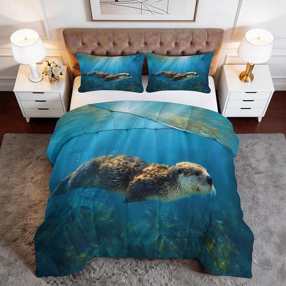 Natural landscape Lightweight Coverless Duvet, Coverless Animal otter fish shoal sunshine Prints Duvet king Size, Anti Allergy Bed Quilt for Summer - 1 Soft Comforter Bedding with 2 Pillowcases