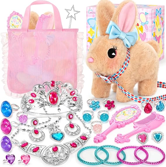 CatchCute Plush Interactive Bunny Toys for Kids with Storage Bags, Walking Stuffed Rabbit and Princess Crown Earrings for Girls Jewelry Pretend Play Birthday Gifts