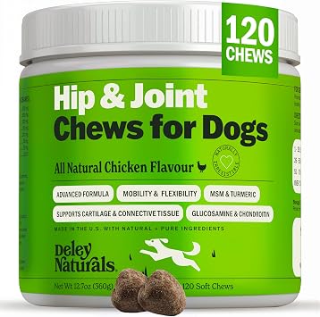 Deley Naturals Hip and Joint Supplement for Dogs - Glucosamine Chondroitin MSM & Collagen for Dogs - Dog Joint Supplement, Smaller Chews, Low Calories, Same Ingredients - 120 Chicken Flavor Chews