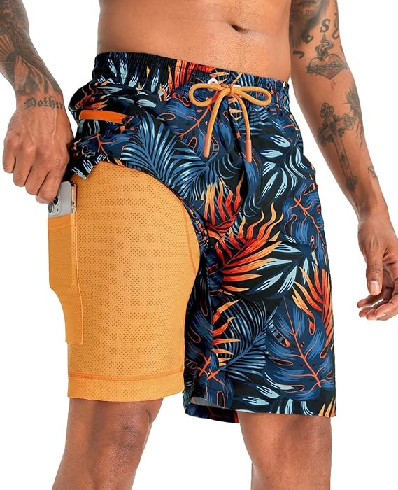 APTRO 2 in 1 Men's Swim Trunks 9" with Zipper Pockets Bathing Suit | Quick Dry Breathable Fabric, Elastic Waistband with Drawstring, Swimsuits for Beach, Hawaiian Long Shorts