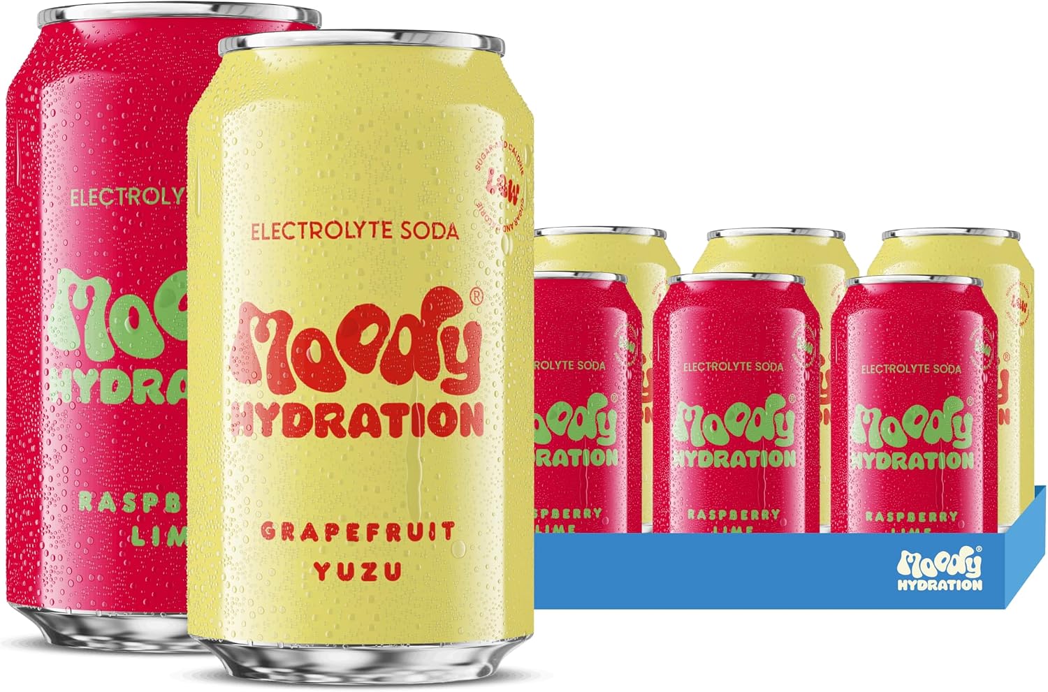Moody Hydration Electrolyte Sparkling Soda Drink - Duo Pack Raspberry Lime & Grapefruit Yuzu | Magnesium, Calcium & Prebiotic Fibre | Low Sugar, Low Calorie | 6 x 330ml Cans