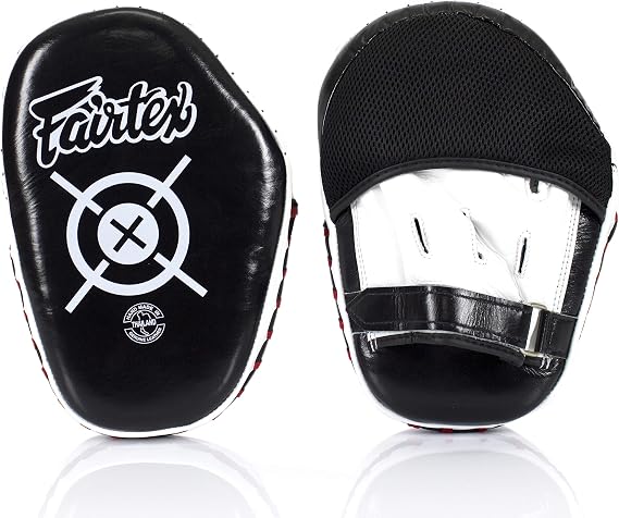 Fairtex FMV11 Aero Focus Mitts, Muay Thai Boxing MMA Kickboxing Punch Pads | Genuine leather construction handmade in Thailand. Ultra-light layered foam surface with finger hood protects trainer hands