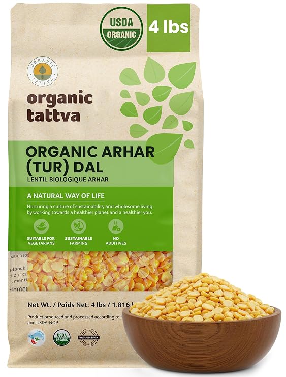 Organic Tattva Yellow Split Peas, 4 lbs, Toor Dal (Arhar), USDA Certified | Unpolished Tur Dal, Natural Plant Based Protein, Vegan, Kosher, No Additives, Ideal for Creamy Soups, Stews, Curries