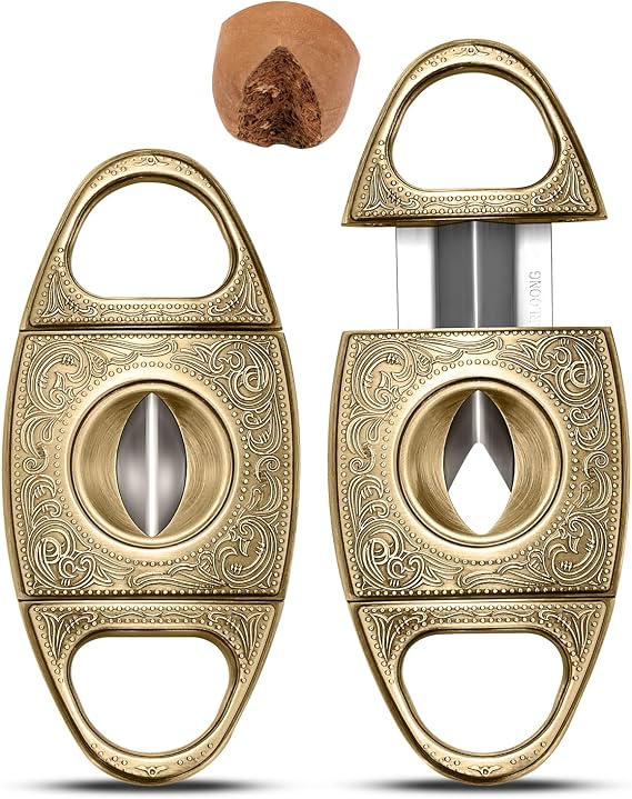 V-Cut Cigar Cutter Stainless Steel Vintage Carved Cigar Guillotine Scissors Sharp Edge with Gift Box (Bronze) Gifts for Men