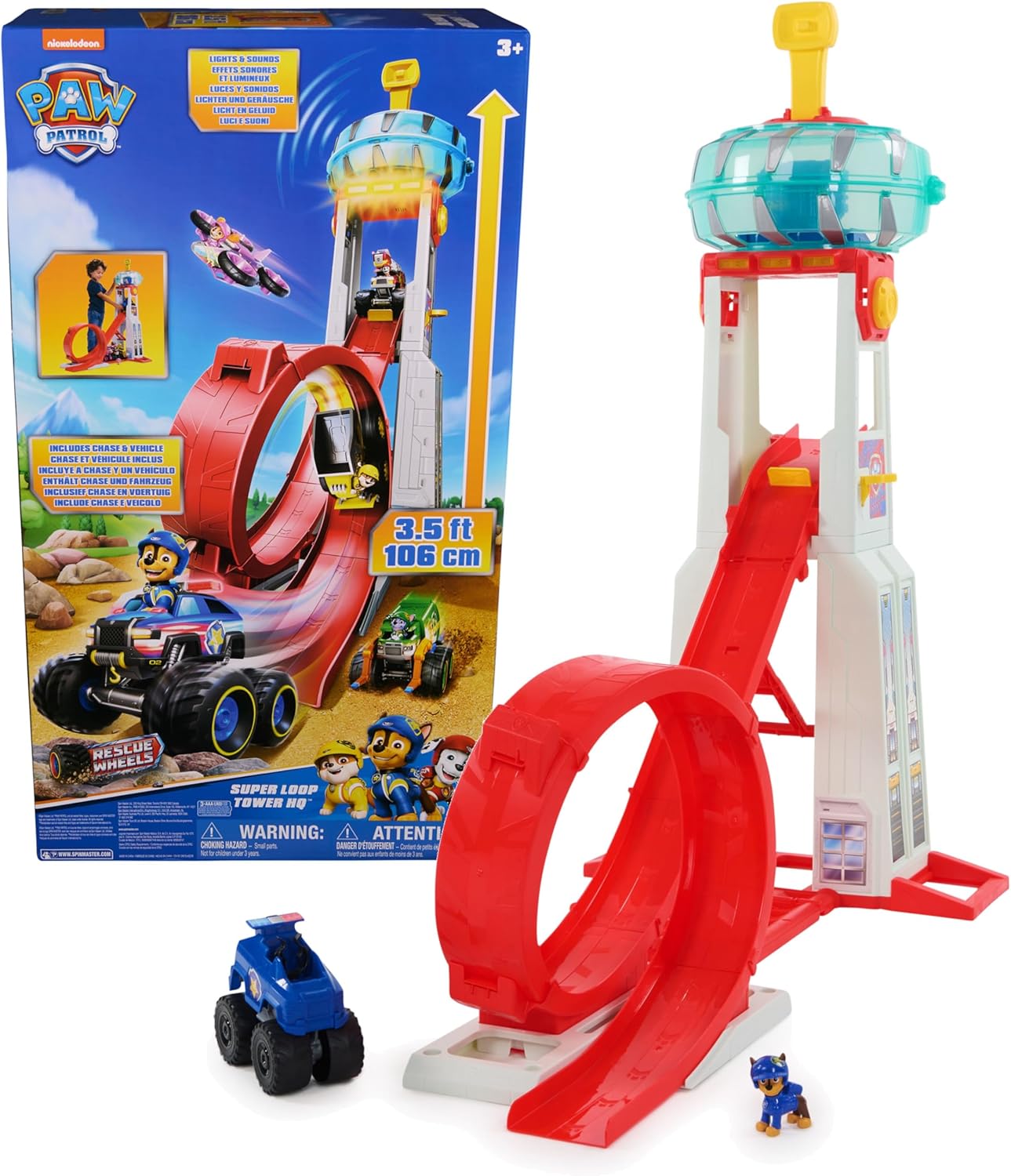 PAW Patrol Rescue Wheels - Superloop Tower is a toy for children over 3 years old, including launch pad and roll track, light and sound effect, Chase monster truck and figure