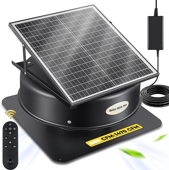 Hybrid Solar Attic Fan with Remote Control, 40 Watt Solar Powered Roof Vent Fan, 880-1470 CFM Exhaust Fan