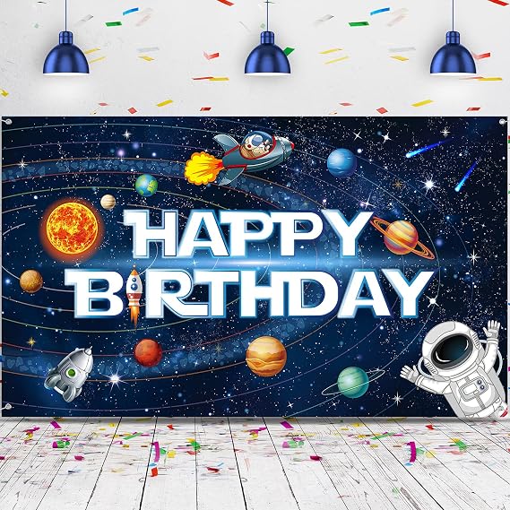 Sumind Outer Space Birthday Party Decorations Backdrop, 72.8 x 43.3 Inch | Astronaut Rocket Banner Backdrop, Solar System Planets Birthday Party Decorations for Boys, Kids, Space Educational Supplies