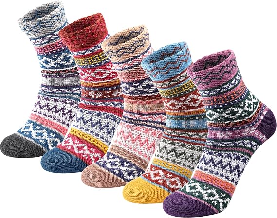 fauson 5 Pairs Womens Wool Socks, Warm Thick Cozy Crew Socks for Winter