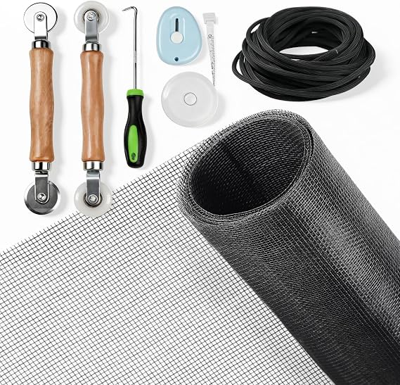Window Screen Replacement Kit, 48"x118" Fiberglass Window Screen Mesh, Washable Window Screen Door Replacement with Rolling Tool Spline Cutter Tape Measure for Windows Patio Sliding Screen Door