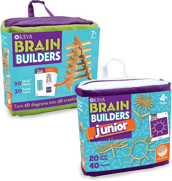 MindWare KEVA Brain Builders Set of 2: Original KEVA Brain Builders and KEVA Brain Builders Junior Great Addition to STEM Building Toys and Classroom Games 40 Planks & 70 Puzzles Total