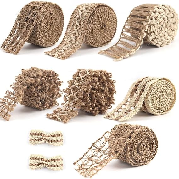 VGOODALL 7 Rolls Burlap Ribbon, Natural Jute Ribbons Lace Mesh Wedding Trim Decor, for DIY Wrapping Gifts Holiday Party Decorations