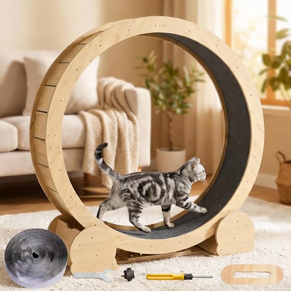 Cat Exercise Wheel for Indoor Cats – 46" Running Treadmill with Felt Track, Perfect for Small & Adult Cats, Natural Wood Color