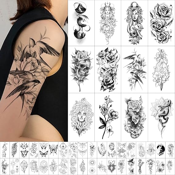 GLARYYEARS 48-Pack Realistic Temporary Tattoos Waterproof Body Art | 48 waterproof, long-lasting fake tattoos. Painless 5-day wear. Perfect for festivals, parties, or testing tattoo placements.