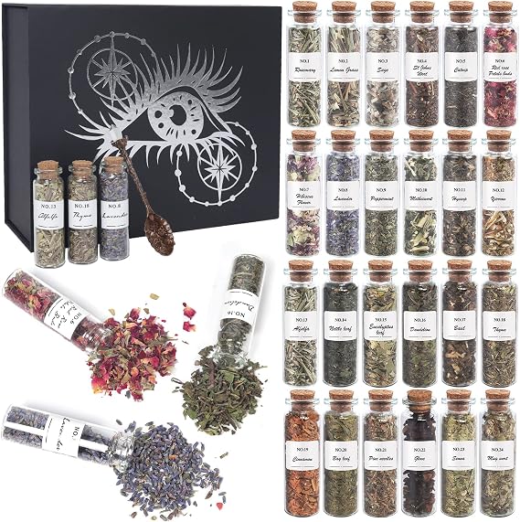 24-Pack Witchcraft Supplies Herbs and Flowers Kit for Witchy Beginners | Dried Herbs for Soap Making, Rose Lavender for Spell Jars, Pagan Altar Decor, Witch Stuff, Spiritual Gifts for Women