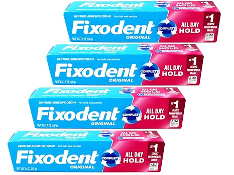 Fixodent Denture Adhesive Cream Original, All Day Hold for Fulls and Partials, 2.4 oz - 4 Pack