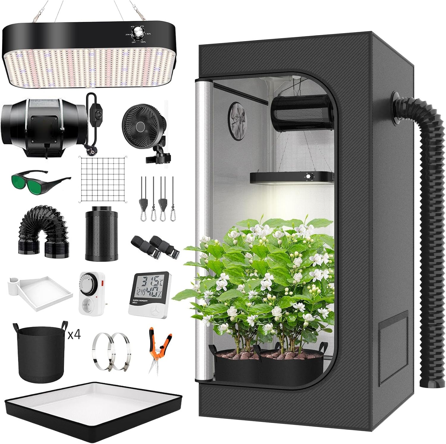 Grow Tent Complete Set 200W LED Full Spectrum Grow Lamp Dimmable, 80x80x180cm31x31x70in Grow Tent Kit Complete Hydroponics