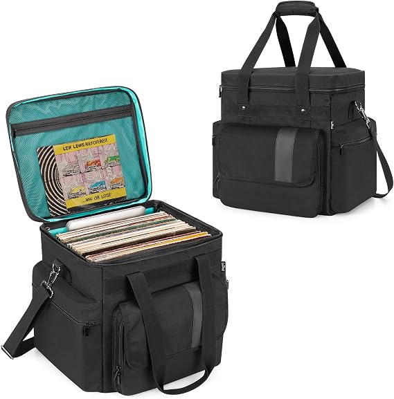 LoDrid Vinyl Record Storage Bag with 4 Boards Around, Black | Holds Up to 60 LP Records, Travel Album Carrying Case with Separated Laptop Layer Up to 14", Bag Only