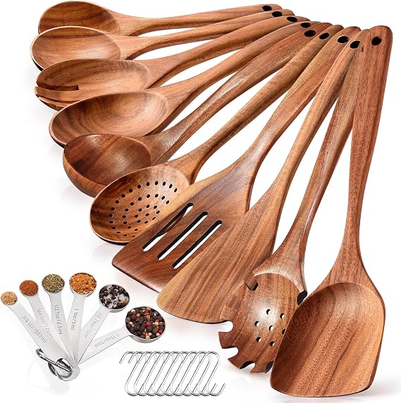 10PCS Teak Wooden Utensil Set, with 6 Full Measuring Spoon Set, 10 Hooks