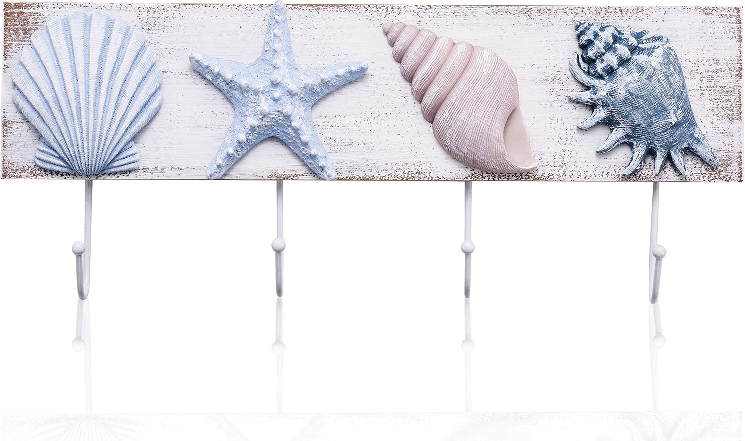Tide and Tales Beach Decor Seashell Wall Hooks Towel Rack for Bathroom, Bedroom or Kitchen | 4 Strong Hooks | Ocean Theme Beach House Decor