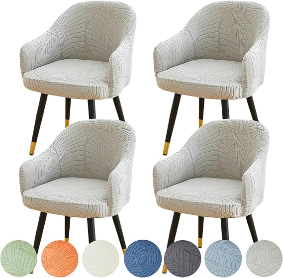 Stretch Curved Back Dining Chair Covers with Armrest, Accent Dining Room Chairs Covers Slipcovers with Arms, Removable Office Desk Chair Protector Covers for Vanity Living Room Bedroom(Light gray,4PCS