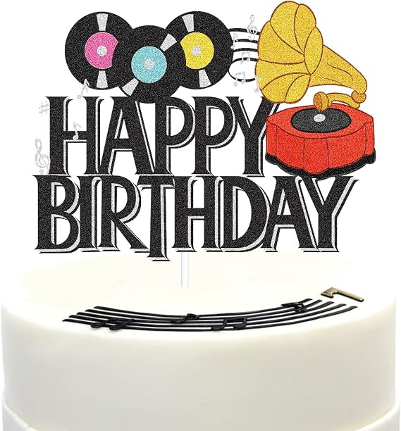 Vinyl Record Happy Birthday Cake Topper - Nostalgic Dancing Ball Music Theme Party Wedding Party Decorations - 80s 90s Happy Birthday Cake Toppers