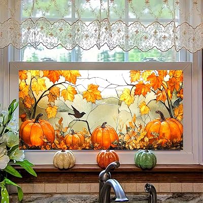 Window Privacy Film Stained Glass Window Film Fall Pumpkin Glass Decorations 39.317.7 Inchs Stained Decals Static Cling Halloween Decor for Home Windows Doors Glass