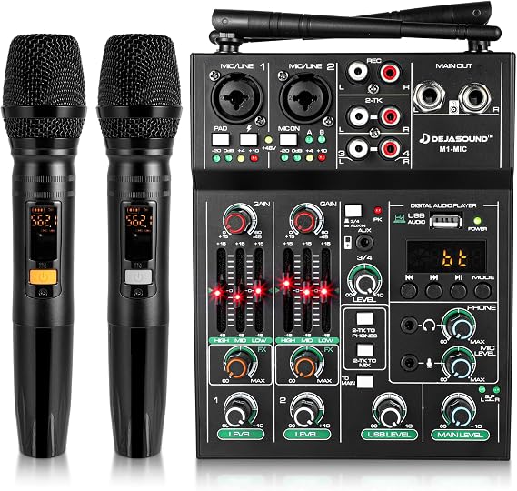 Pro 5 Channel Audio Mixer Mic Set for Live Streaming, Family Karaoke, Studio Recording, Bluetooth Dual Wireless Microphone System with USB Interface & 48V Phantom Power