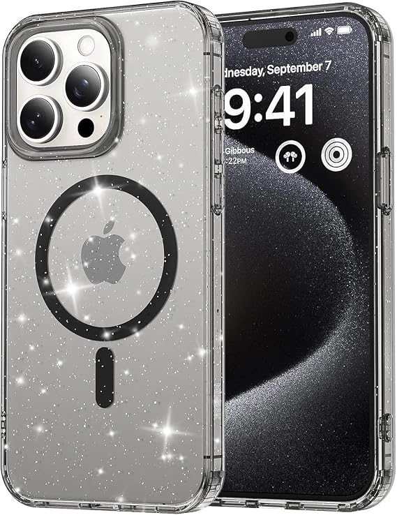 Minesk iPhone 13 ve 14 için MagShine Serisi MagSafe ile Uyumlu Göz Alıcı ve Şık Simli Arka Tasarım Yüksek Kalite Materyal Premium Hybrid Kılıf Kapak (Siyah Şeffaf, 13/14)