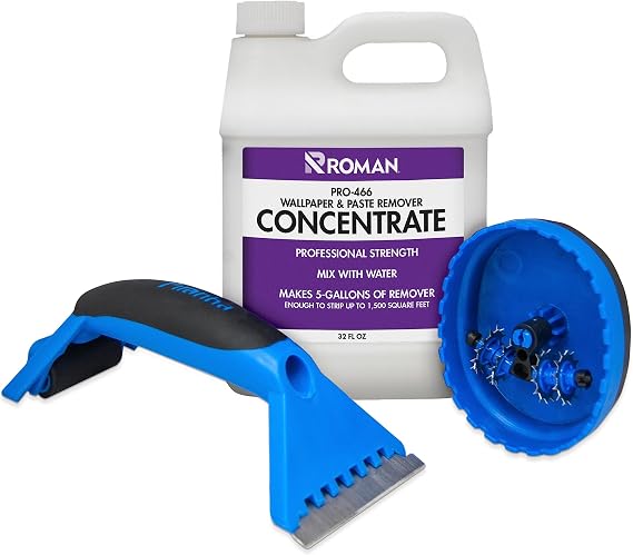 ROMAN Wallpaper Removal Kit - Concentrate (32 oz), Perforating Scoring Tool, and Angled Scraper for Home Improvement - Yields 5 Gallons of Remover (1500 sq. ft Coverage)