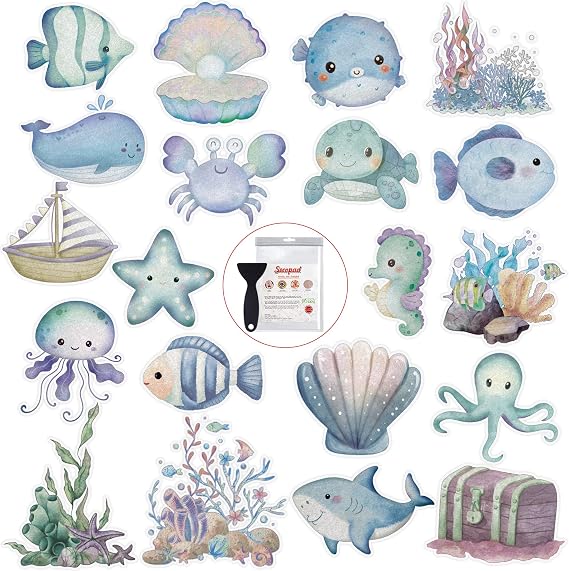 Secopad Soft Blue Ocean Life Non Slip Bathtub Stickers with Scraper, 20PCS