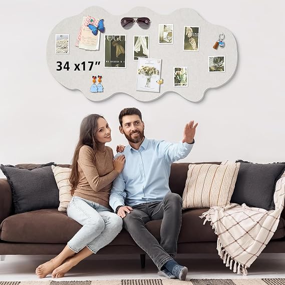 Cute Bulletin Board for Walls 34'' x 17'' Push Pin Board,Cloud Vision Boards Picture Board for Photos Decorative Cork Board for Office Felt Bulletin Board with 15 Push Pins (Cloud - Light Gray)